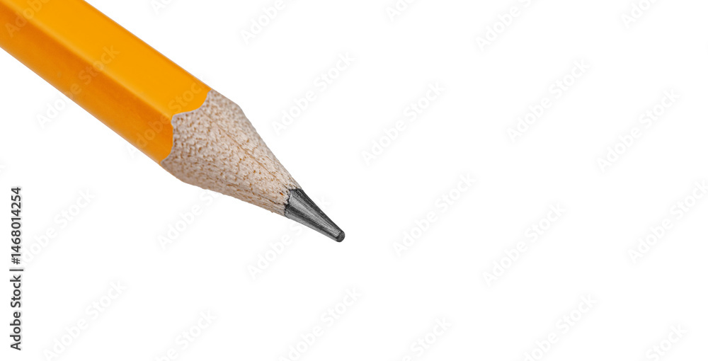 Macro shot of a sharpened yellow graphite pencil tip on white background. Perfect for art tools and detailed projects. close up