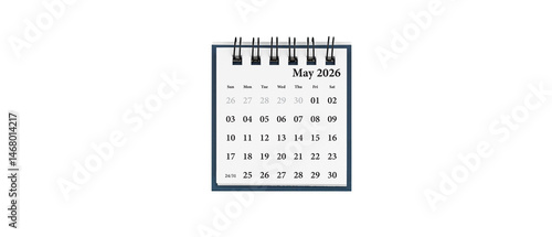 Obraz na płótnie Desktop calendar for May 2026 in white colour. Mini planner for business and finance, spiral view on isolated white background close up. w salonie