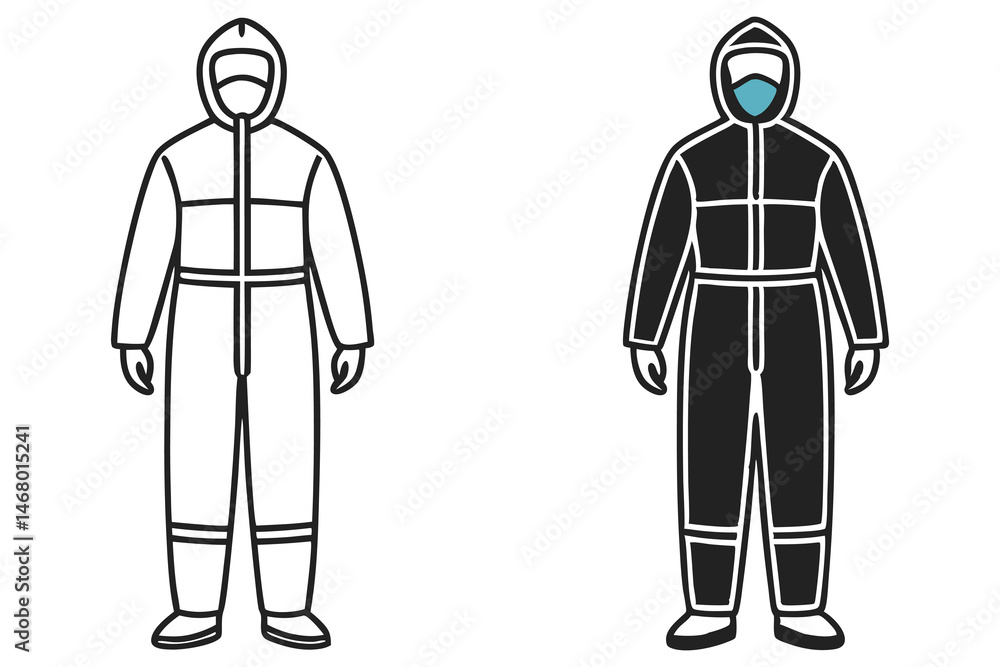 line drawing shows medical worker in protective suit and face mask line drawing shows medical worker in protective suit and face mask