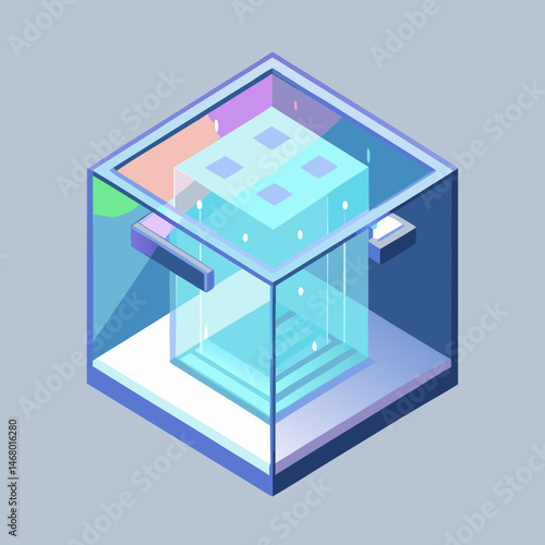 Isometric cube centered on a blue background, showcasing a three-dimensional geometric design.
