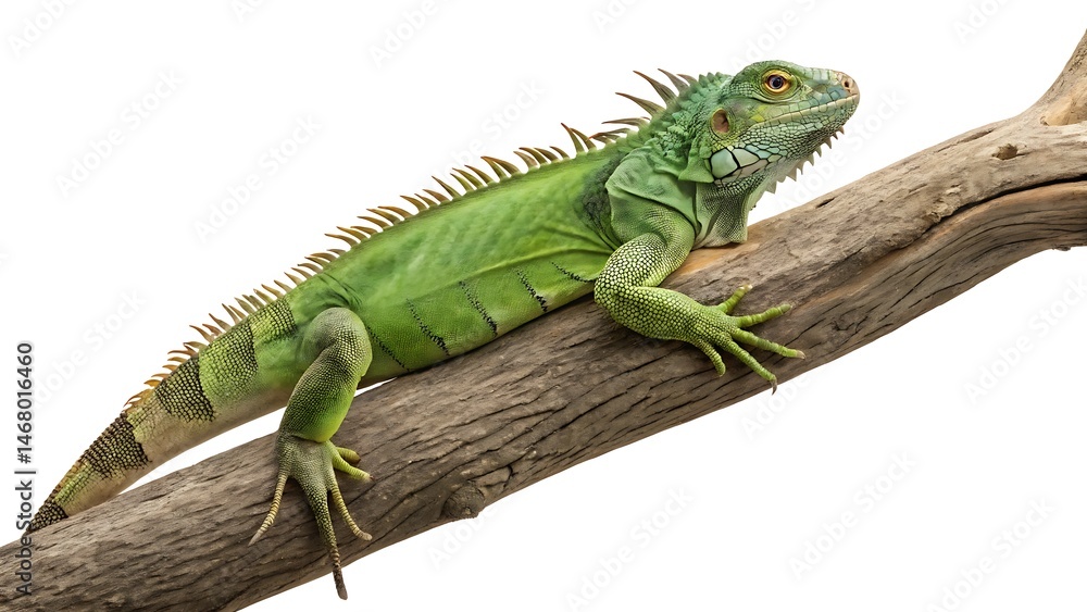 Fototapeta premium green full body iguana lying on a tree branch on white background