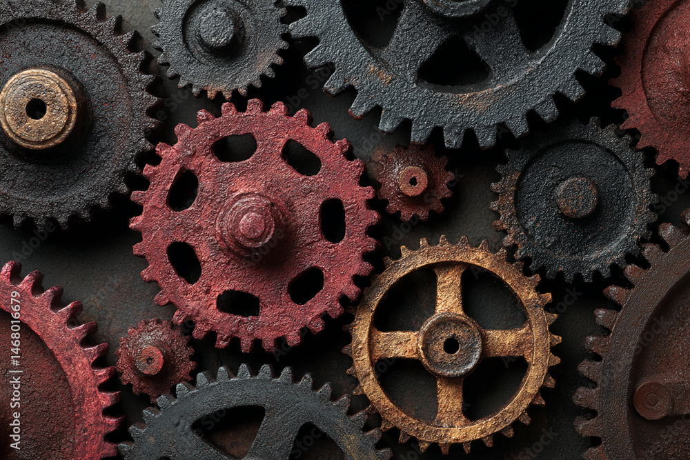 Close-up of interconnected metallic gears in red, black, and gold hues, showcasing intricate detail and texture, symbolizing teamwork, mechanism, and industry Close-up of interconnected metallic gears in red, black, and gold hues, showcasing intricate detail and texture, symbolizing teamwork, mechanism, and industry