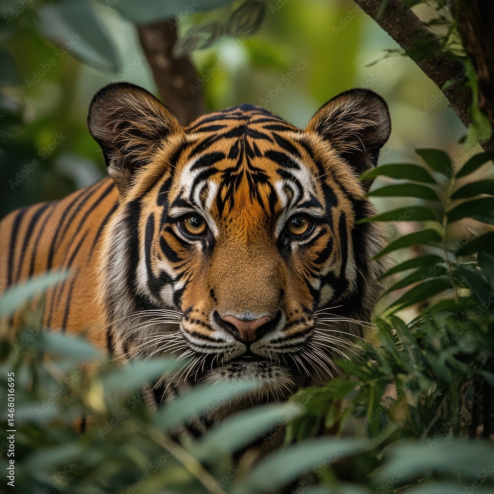 Fototapeta premium Striking Tiger Portrait amid Lush Green Foliage in Natural Habitat with Intense Gaze and Pattern