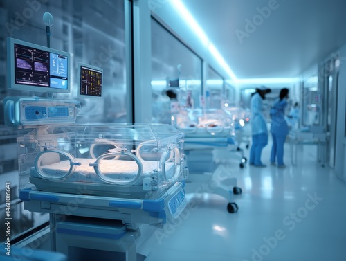 Neonatal room with incubators and medical personnel, ambient blue lighting, focus on transparent incubator, advanced monitoring screens display vital data, clean and modern atmosphere