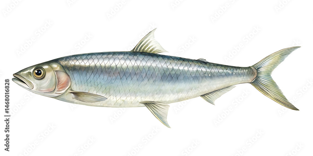Watercolor Illustration of a Menhaden Fish with Distinctive Scaled Body Pattern Watercolor Illustration of a Menhaden Fish with Distinctive Scaled Body Pattern