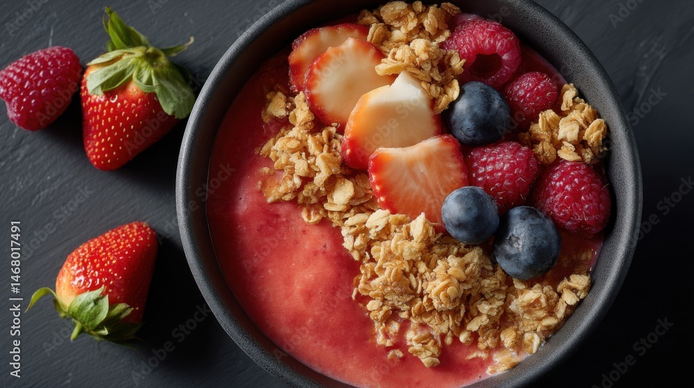 Berry Granola Breakfast Bowl Delight with Strawberries and Raspberries on a Dark Tabletop Berry Granola Breakfast Bowl Delight with Strawberries and Raspberries on a Dark Tabletop