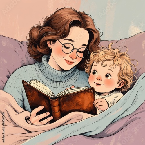 Mother reading to child bedtime story illustration