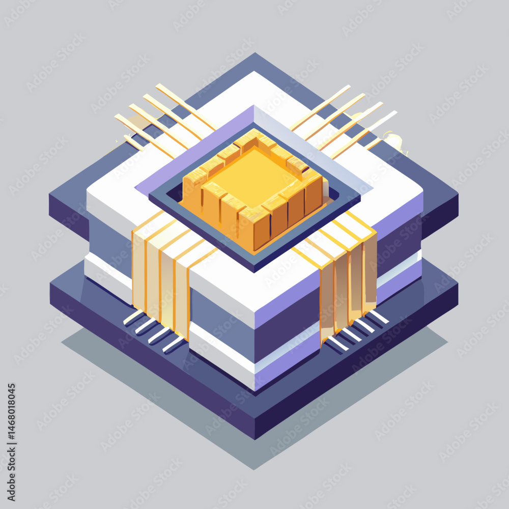 Naklejka premium Isometric illustration of a computer chip, showcasing its intricate design and circuitry in a three-dimensional perspective.