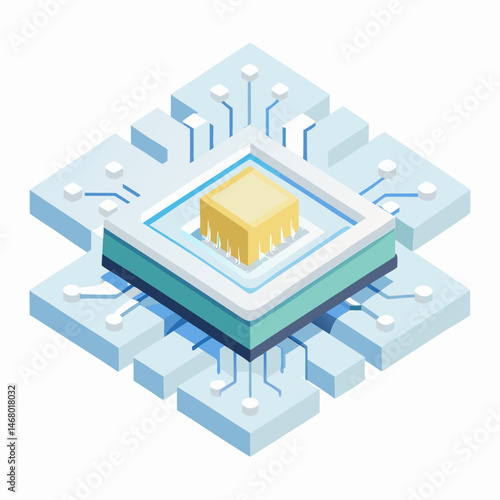 Isometric illustration of a computer chip, showcasing its intricate design and circuitry in a three-dimensional perspective.