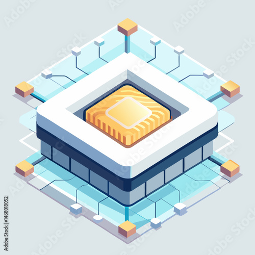 Isometric illustration of a computer chip, showcasing its intricate design and circuitry in a three-dimensional perspective.