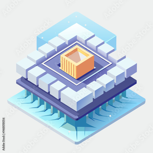 Isometric illustration of a computer chip, showcasing its intricate design and circuitry in a three-dimensional perspective.