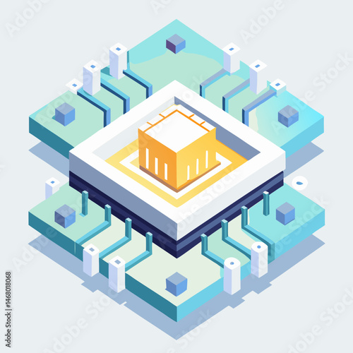 Isometric illustration of a computer chip, showcasing its intricate design and circuitry in a three-dimensional perspective.