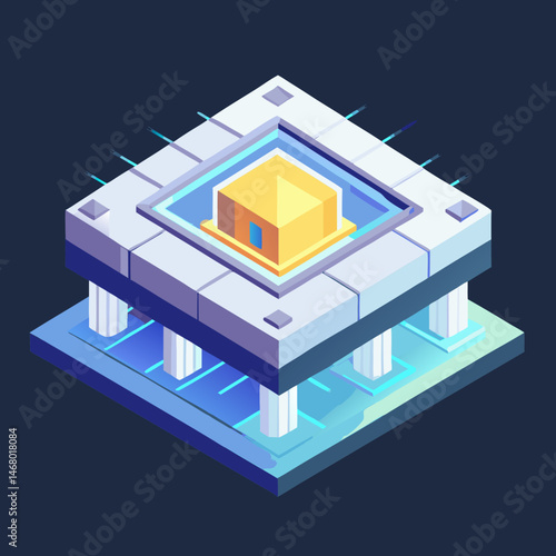 Isometric illustration of a computer chip, showcasing its intricate design and circuitry in a three-dimensional perspective.