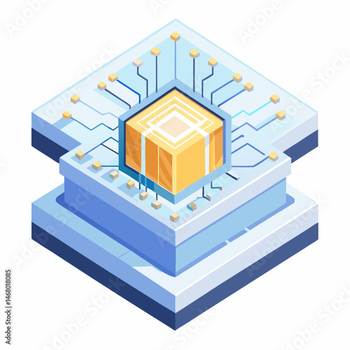 Isometric illustration of a computer chip, showcasing its intricate design and circuitry in a three-dimensional perspective.