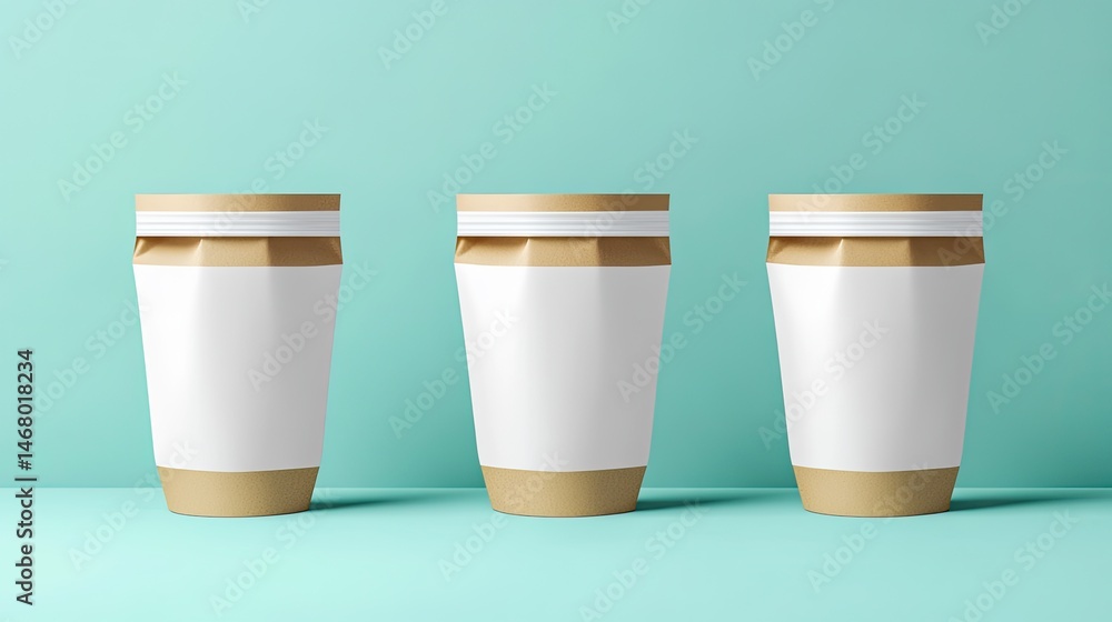 Three blank paper cups on turquoise background with mockup. Three blank paper cups on turquoise background with mockup.