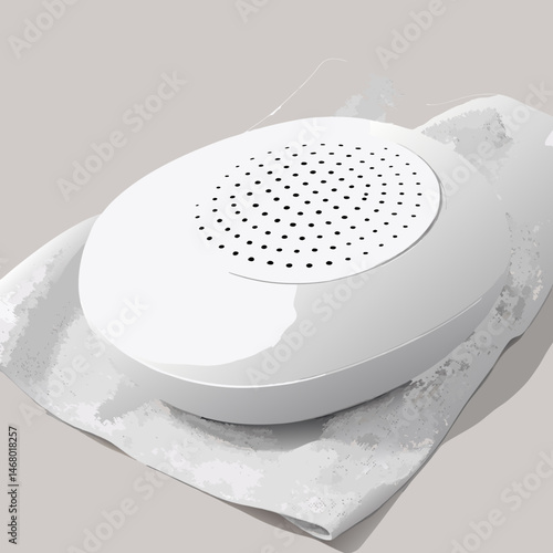 A white speakers featuring a distinct black dot on its body.