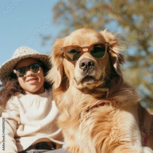 a joyful golden retriever with sunglasses in a sunny park, playing with kids, cheerful stock photo style --profile dt4vqu9