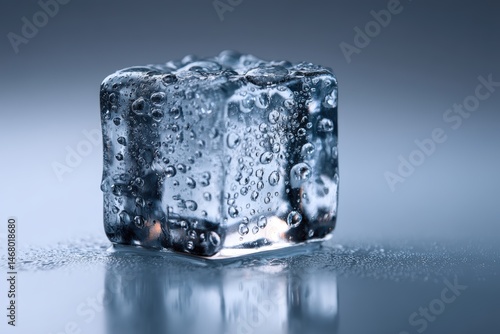 Clear ice cube on glossy su...