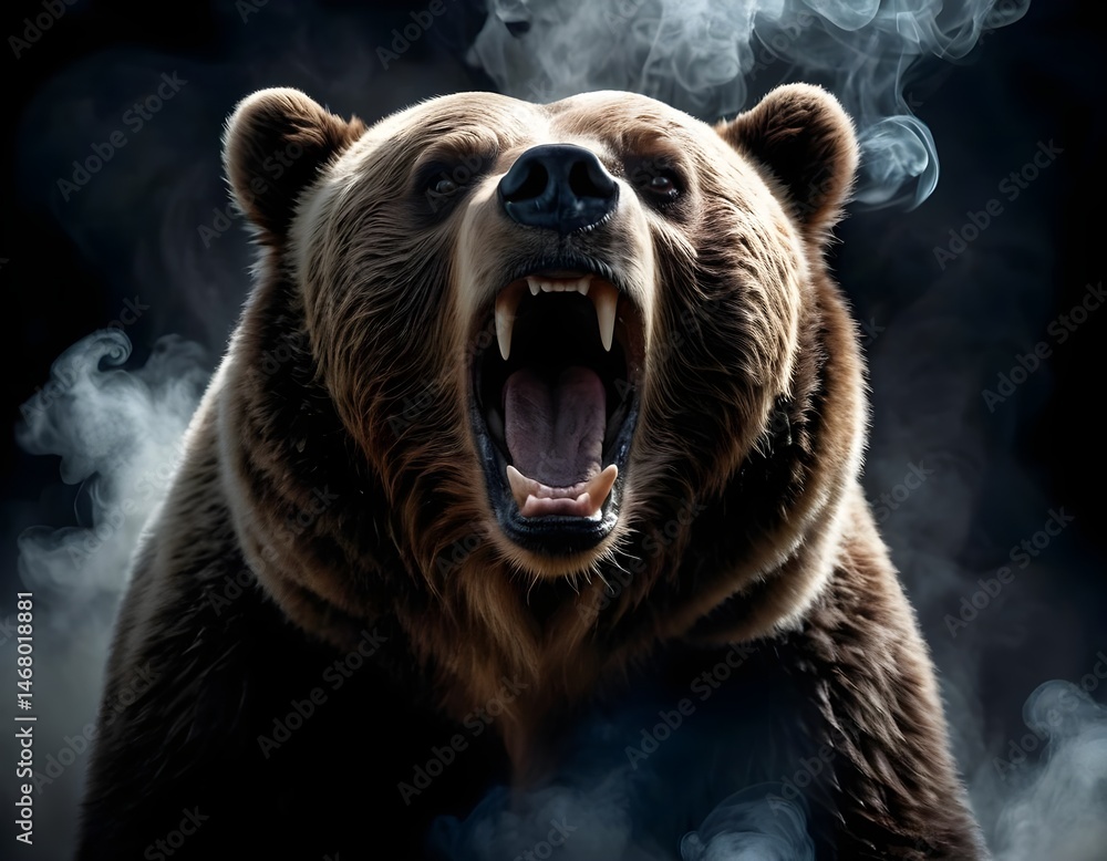 Obraz premium Roaring Brown Bear in Smoke