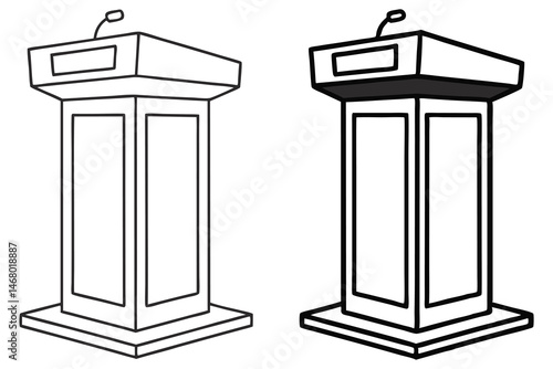 Dual podiums each feature distinct outlines and a mounted microphone for public speaking events