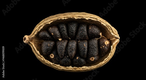 Macro Photograph Displays A Cracked Cardamom Pod Filled With Rows Of Dark Aromatic Seeds