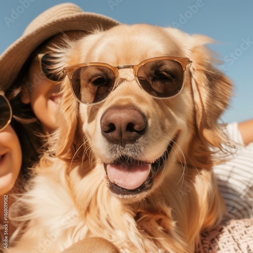 a joyful golden retriever with sunglasses in a sunny park, playing with kids, cheerful stock photo style --profile dt4vqu9