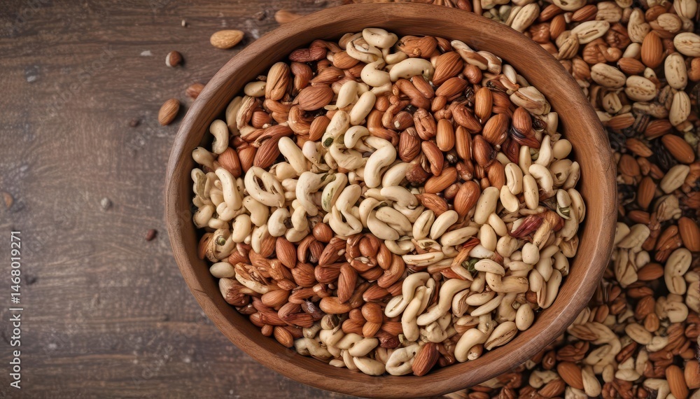 A rustic bowl overflowing with mixed nuts and seeds, including almonds , nuts, closeup, delicious A rustic bowl overflowing with mixed nuts and seeds, including almonds , nuts, closeup, delicious