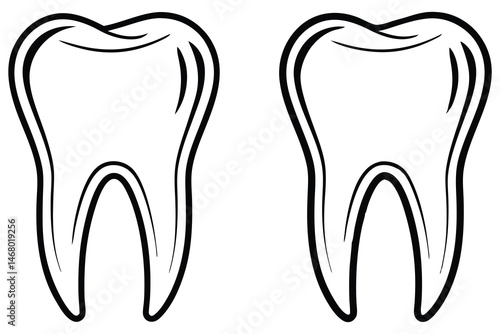 Two outlined molar teeth are beside each other against a white background showing dental concept