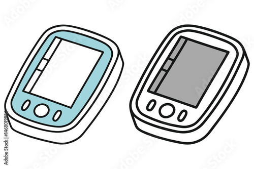 Two stylized portable glucose meter tools are displayed on a white background