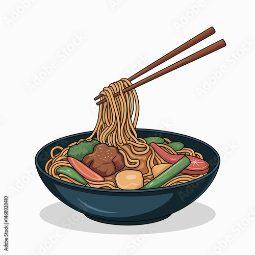 Chow Mein with Stir-Fried Noodles, Vegetables, and Tofu Illustration