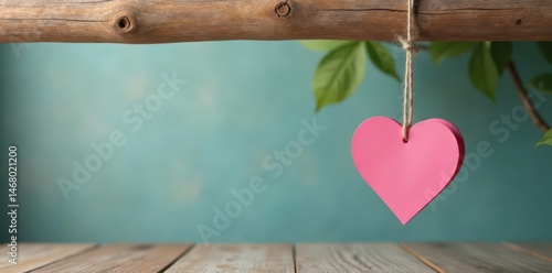 Delicate pink paper heart chain hangs from rustic wooden beam, soft light  ,  hanging,  background,  love