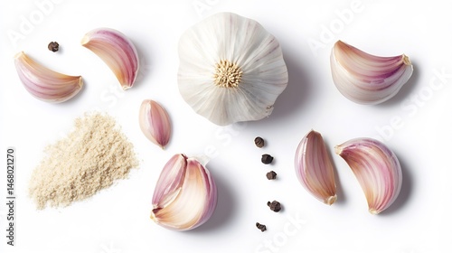 Top down view of garlic cloves and garlic powder isolated on a white background emphasizing their fine texture overlay cut out on isolated transparent removed background