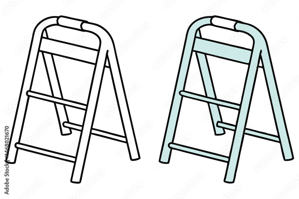 Isolated step stools showcase one in plain black outlines and one in pastel blue color