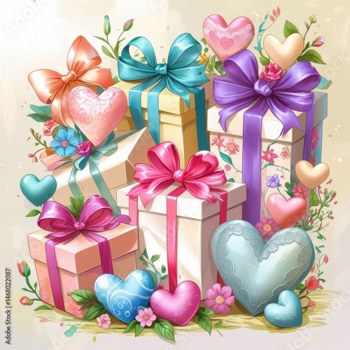 Gifts hearts and bows for valentine's day presents