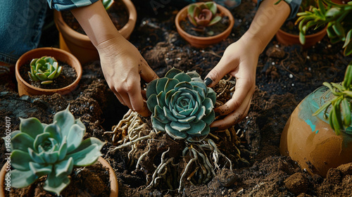 close up view of woman hands holding succulent plants in garden