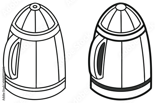 Two stylized teapots stand side by side showing black line art with no color