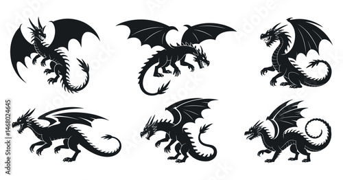 Collection of Six Black Silhouette Dragons with Wings and Tails
