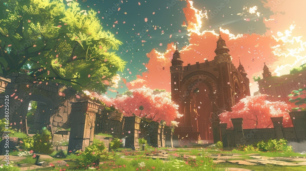 Obraz premium An epic fantasy anime landscape with glowing skies, intricate architecture, and vibrant colors, capturing a dreamlike atmosphere 
