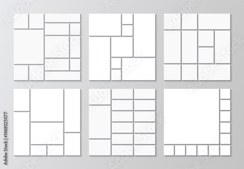 Mosaic pictures geometric frames set. Collage layout collection template. Mood board grid. Set of photo moodboard. Album brandboard. Gallery banner. Organised portfolio. Vector illustration