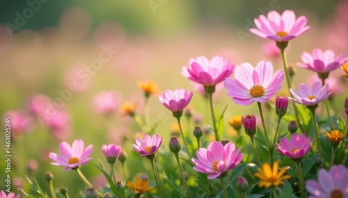 Delicate blush pink wildflowers carpet meadow, vibrant blooms , soft, blossom