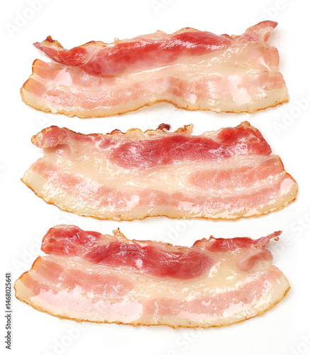 Close up of top view bacon fried crispy isolated white background.