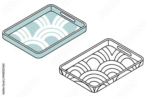 Two isometric serving trays show one light blue and one black outlined pattern