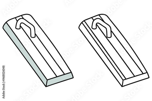 Outlined wooden float with curved handle is shown, along with gray version