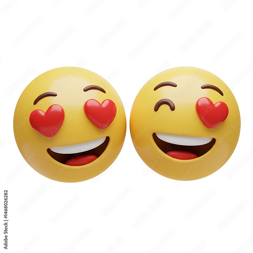 Fototapeta premium Two yellow emojis with hearts and smile isolated on white background