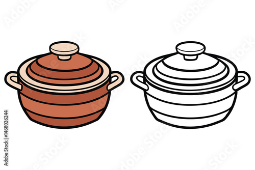 An earthenware cooking pot is depicted in a brown color fill and also in line art