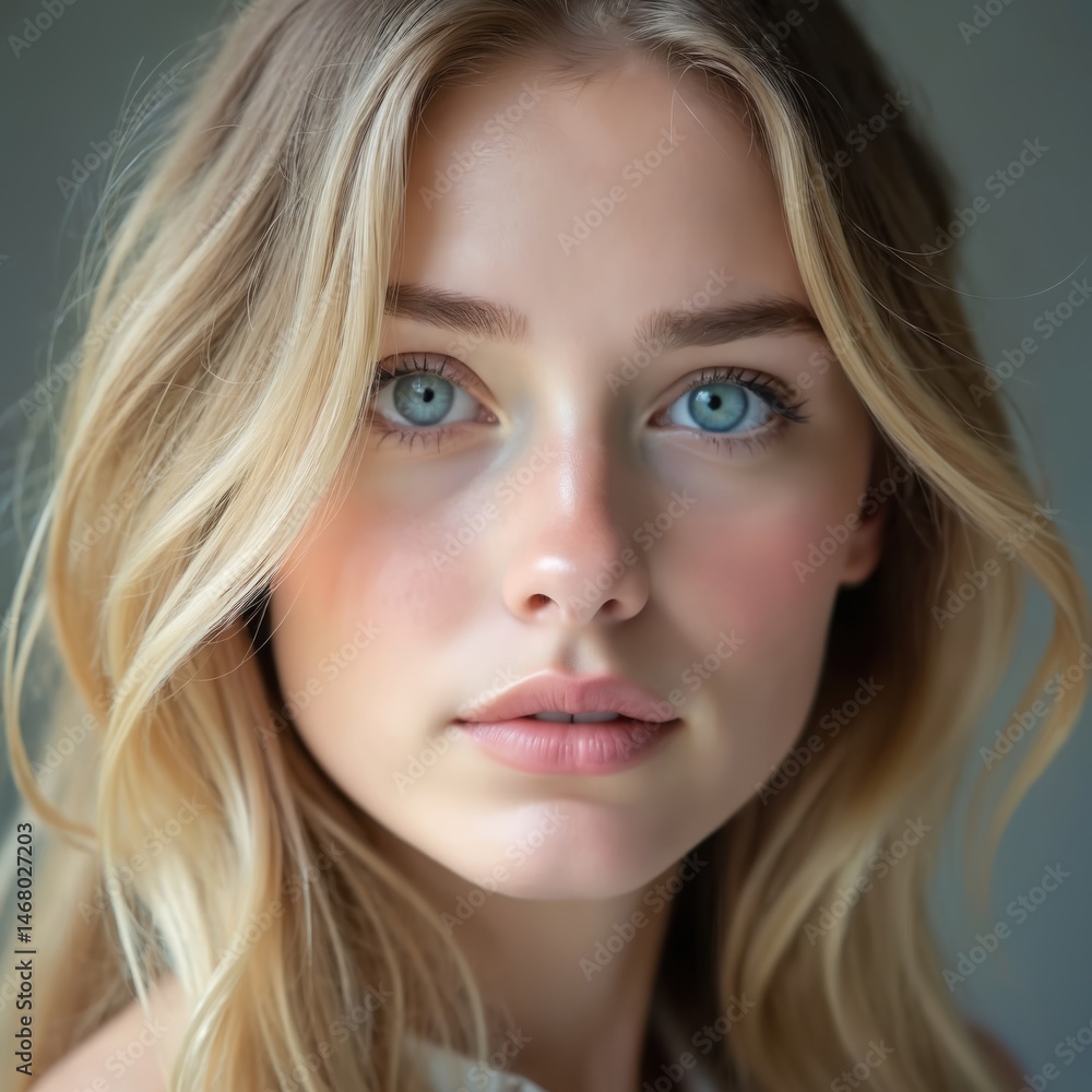 Portrait of woman with long blonde hair, striking blue eyes. Natural beauty, soft skin, gentle gaze. Perfect make-up, fashion look. Close-up. Beauty concept, glamour. Portrait of woman with long blonde hair, striking blue eyes. Natural beauty, soft skin, gentle gaze. Perfect make-up, fashion look. Close-up. Beauty concept, glamour.