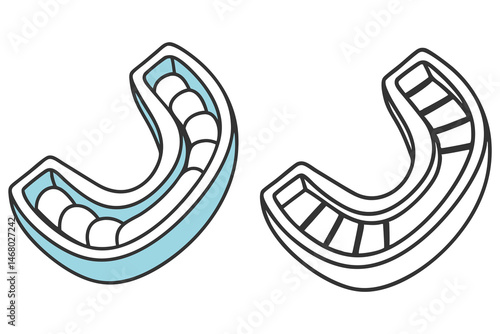 Cartoon drawing shows the front mouth guard with light blue and black outline against white