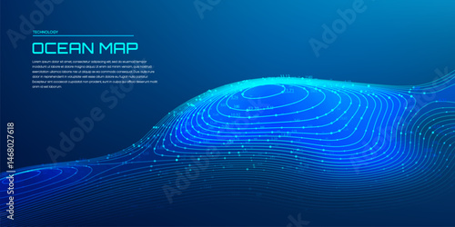3d ocean map with detailed glowing depth contour lines and digital elevation data on dark blue background for underwater topographic analysis