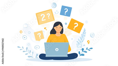 Woman sitting with laptop surrounded by question mark boxes and decorative floral elements illustration