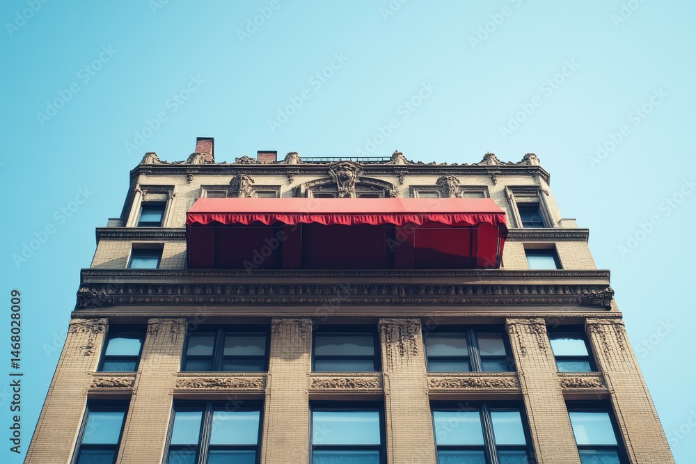 a building with a red awning on top of it a building with a red awning on top of it